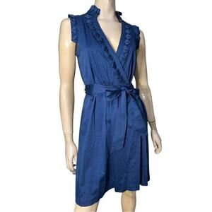 Max & Cleo Women’s Size 10 Navy Blue Ruffle Front Belted Sheath Dress